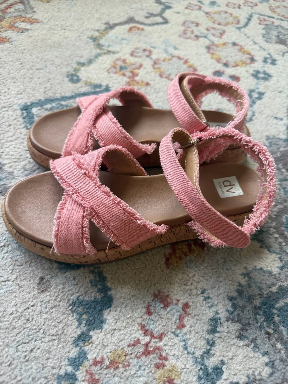 Dolce Vita Kids Coral Pink Frayed Strap Cork Sandals